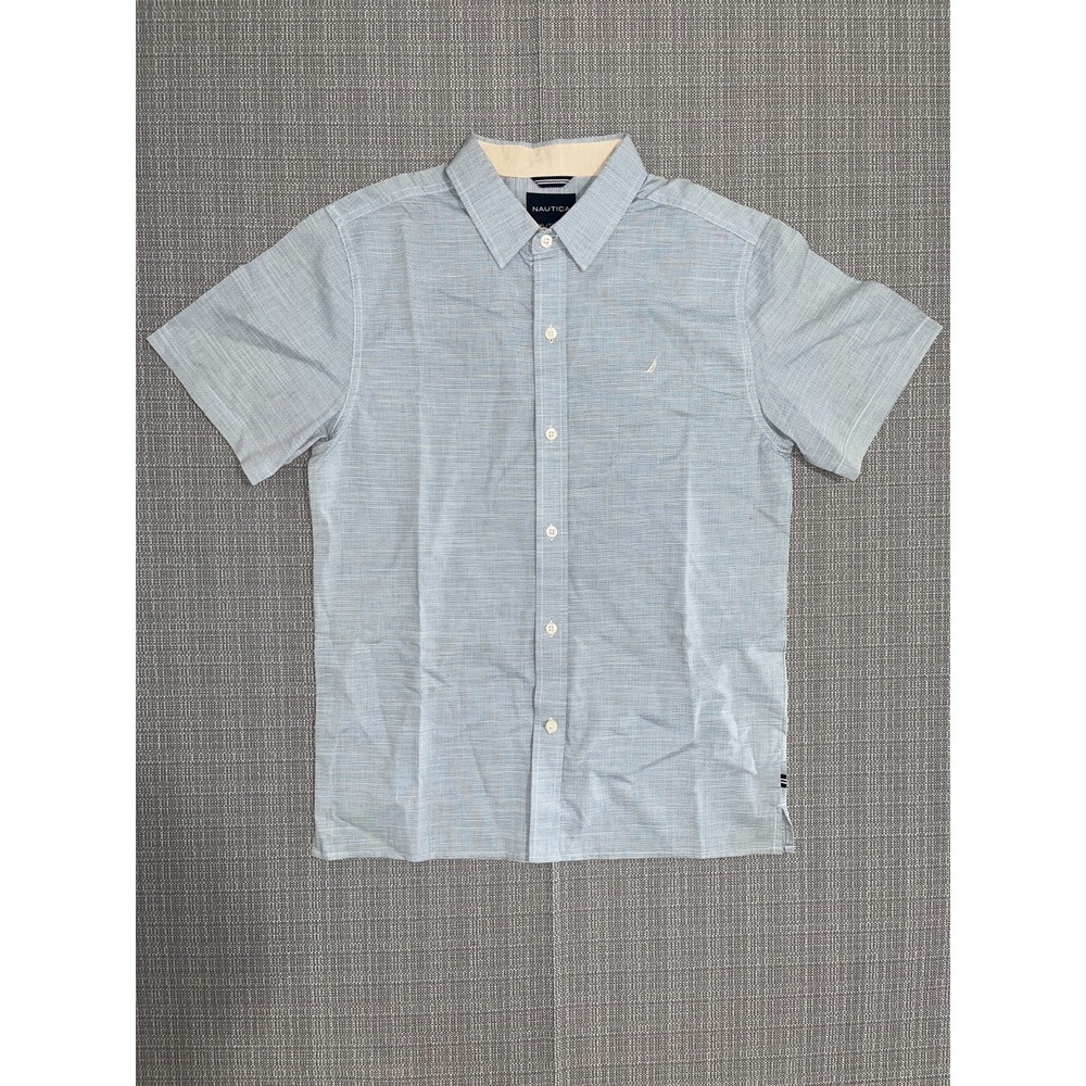 Nautica Shirt Boys XL (18-20) Gray Cotton Chambray Side Slit Casual Button Up